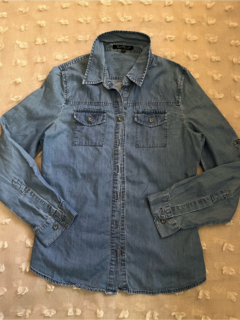Women’s Junior Small Velvet Heart Light Blue Denim Shirt